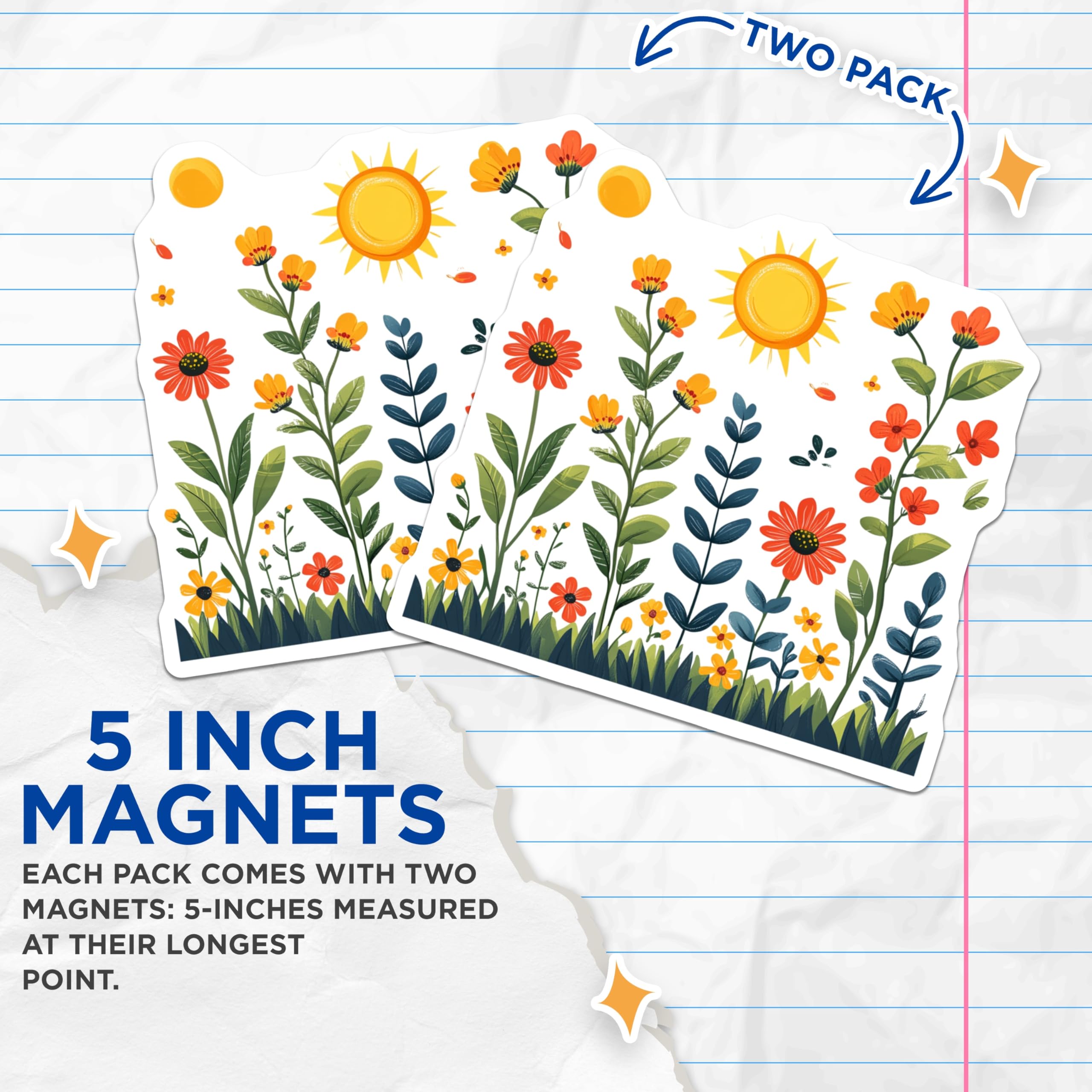 (2 Pack) Spring Floral Meadow Magnets - Sunny Blossom Decor - Cheerful Garden Accents - 5 Inches On Longest Side - Thick Durable Magnet - Made in USA - MAG23916