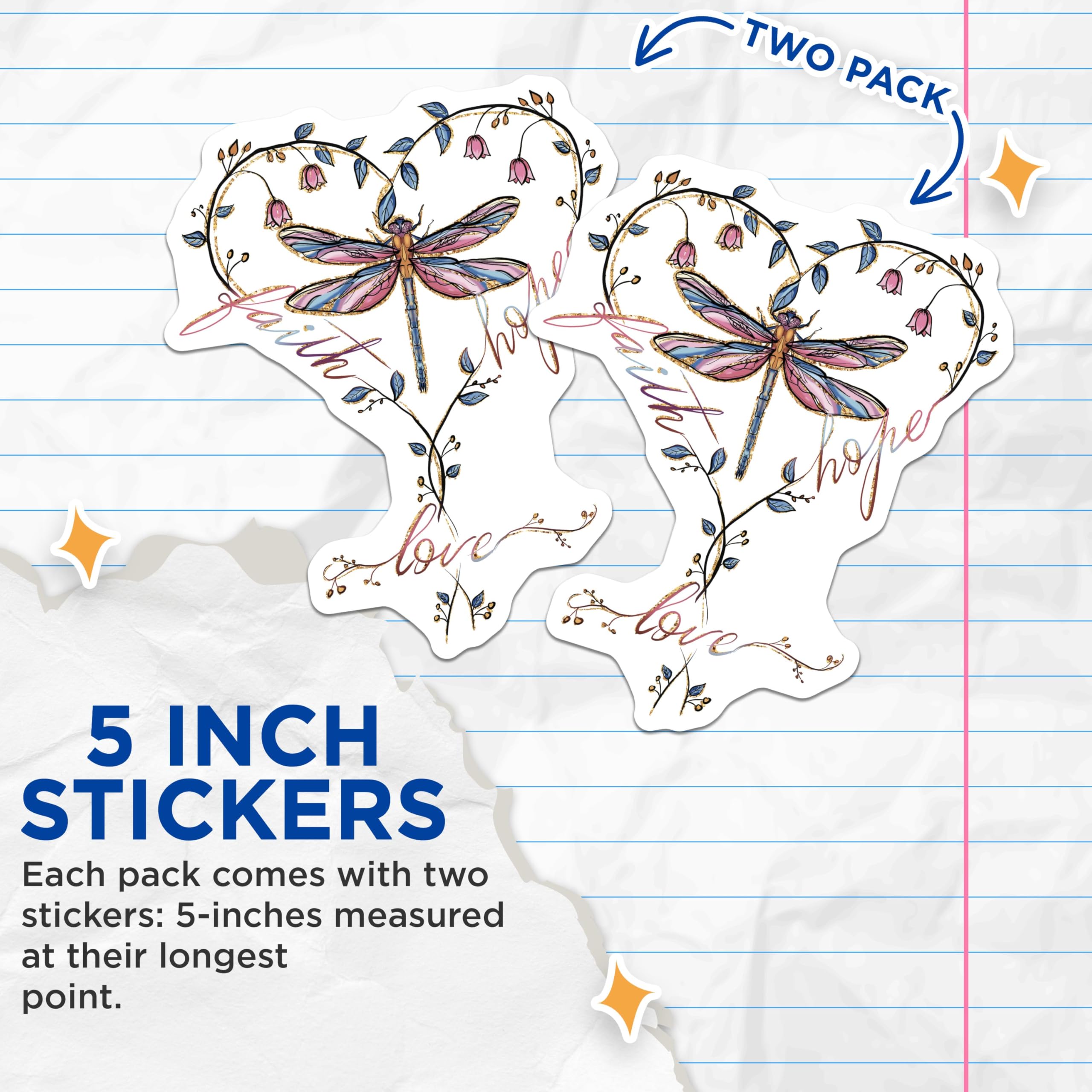 (2 Pack) Dragonfly Stickers - Faith Stickers - Hope Stickers - Love Stickers - Inspirational Art Stickers - 5" On Longest Side - Sticks to Smooth Flat Surfaces - Made in USA - BMCS4191