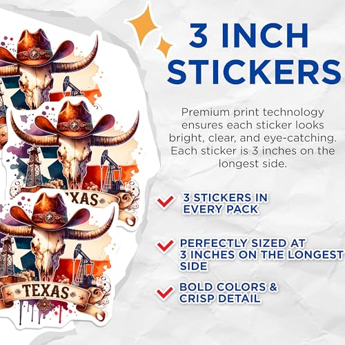 (3 Pack) Texas Decals - Cowboy Skull - Oil Rig Laptop Decal- 3 Inches On Longest Side - Easy Peel & Apply - Made in USA - 3MCS5641