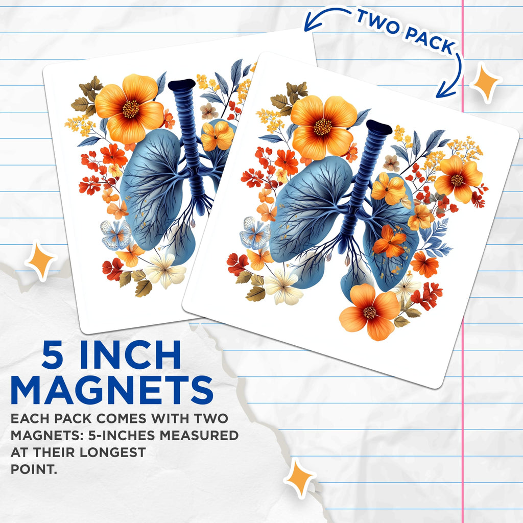 (2 Pack) Floral Lungs Magnets - Botanical Anatomy Art - Health Awareness Decor - 5 Inches On Longest Side - Thick Durable Magnet - Made in USA - MAG23790