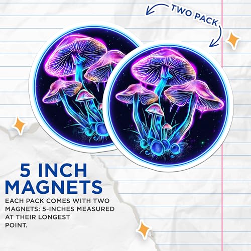 (2 Pack) Neon Mushroom Art Magnets - Psychedelic Glow - Trippy Decor - Space Mushroom Design - 5" On Longest Side - for Cars, Fridges, Toolboxes - Made in USA - MAG7048
