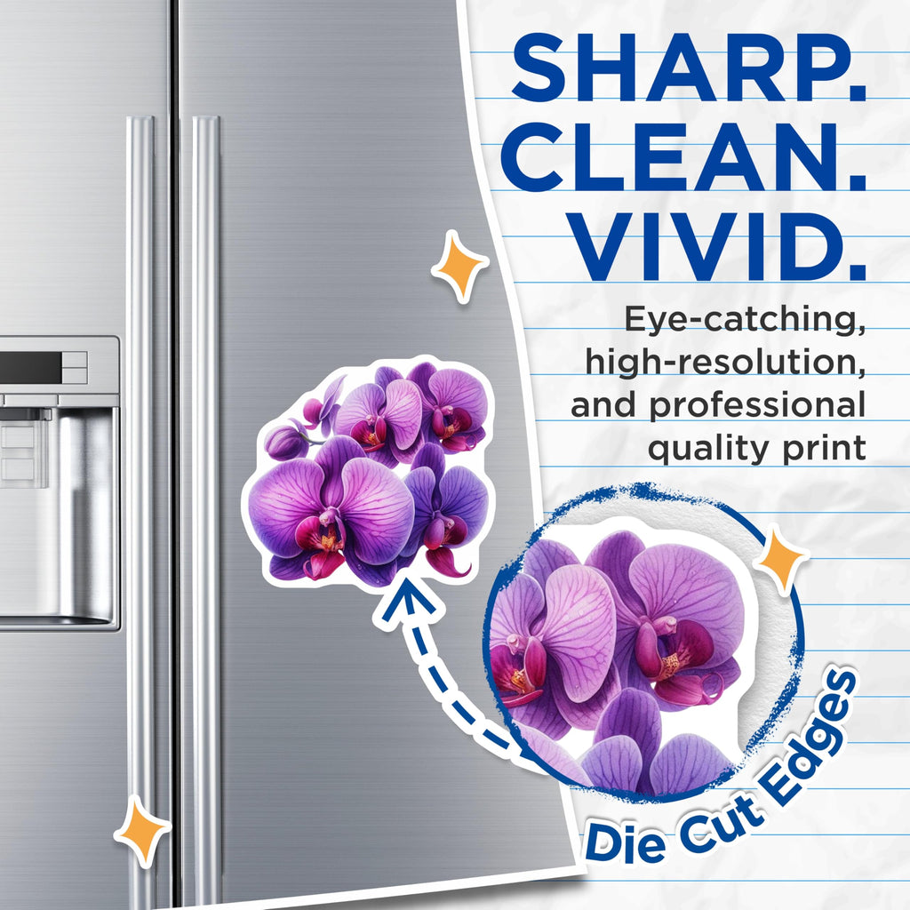 (2 Pack) Purple Orchid Magnets - Vibrant Floral Refrigerator Decor - Exotic Botanical Home Kitchen Locker Magnets - 5 Inches On Longest Side - Thick Durable Magnet - Made in USA - MAG20886