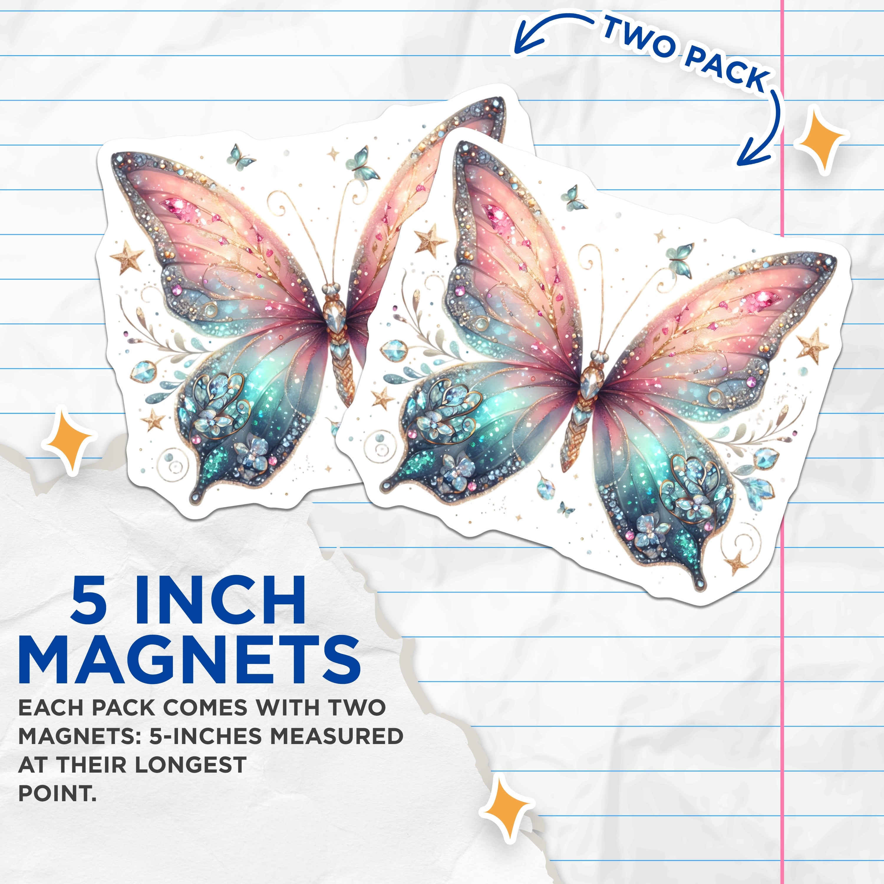 (2 Pack) Ethereal Butterfly Magnets - Pastel Fairy Aesthetic - Whimsical Dreamcore Decor - 5 Inches On Longest Side - Thick Durable Magnet - Made in USA - MAG37038