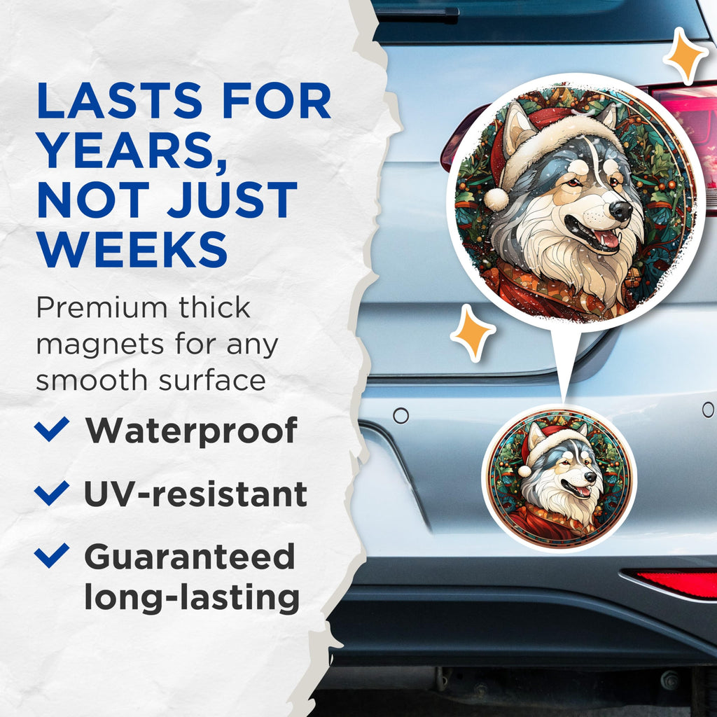 (2 Pack) Husky Christmas Magnets - Stained Glass Dog Art - Holiday Pet Lover Decor - 5 Inches On Longest Side - Thick Durable Magnet - Made in USA - MAG27887