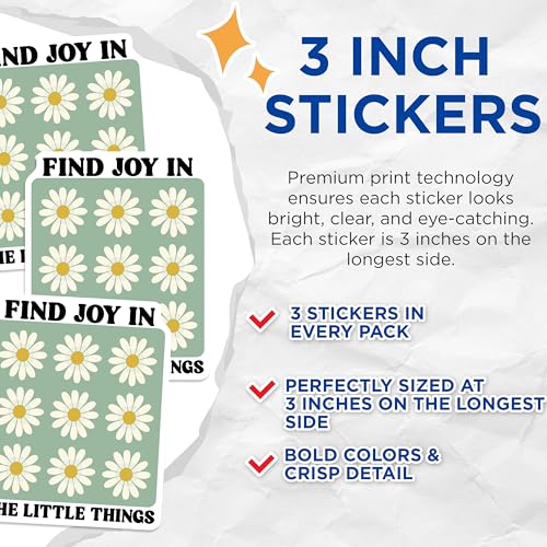 (3 Pack) Daisy Flower Decals - Floral Pattern Stickers - Find Joy Laptop Decals - 3 Inches On Longest Side - Easy Peel & Apply - Made in USA - 3MCS2636