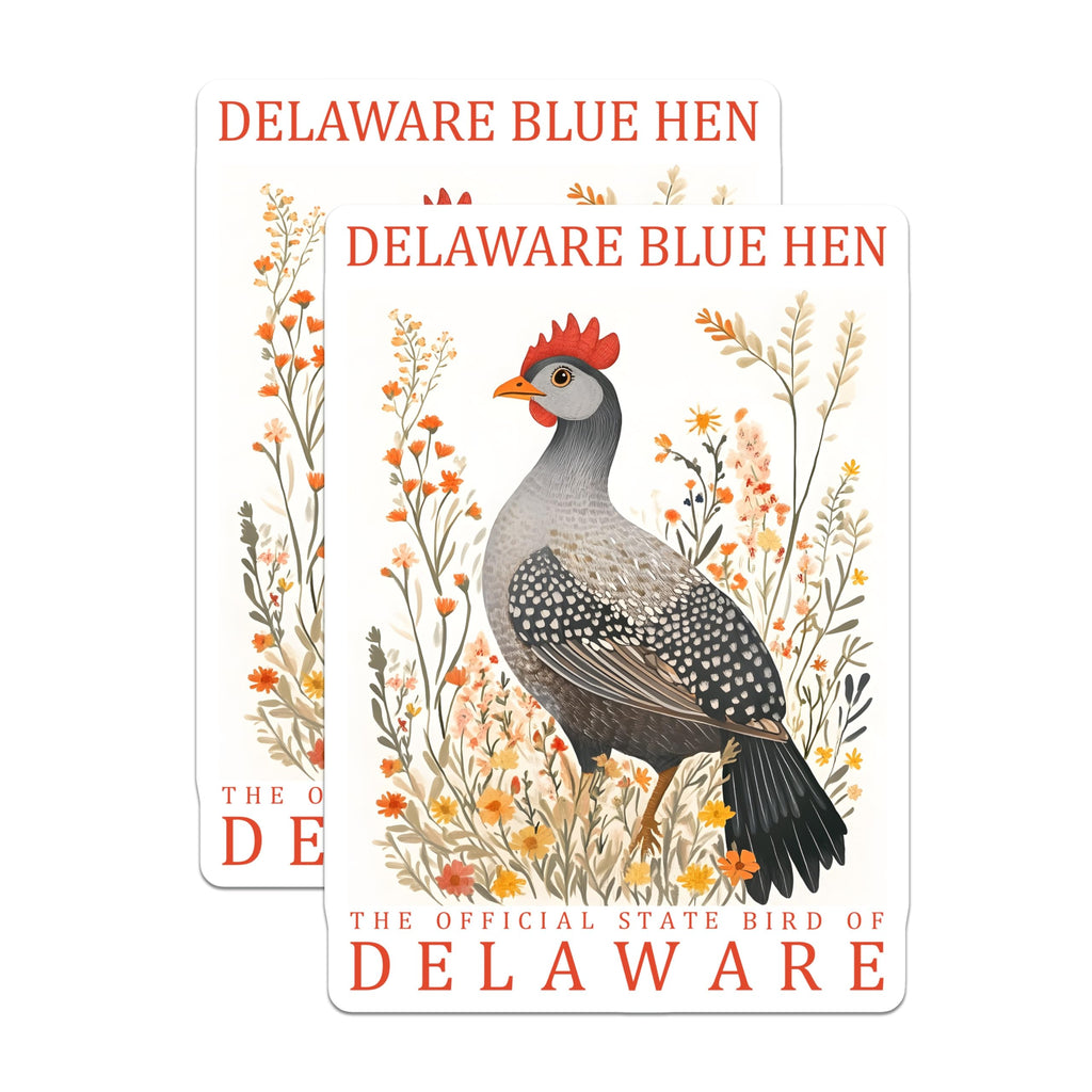 (2 Pack) Delaware Blue Hen Stickers - State Bird Art - Floral Hen Decal - 5" On Longest Side - Sticks to Smooth Flat Surfaces - Made in USA - BMCS17448