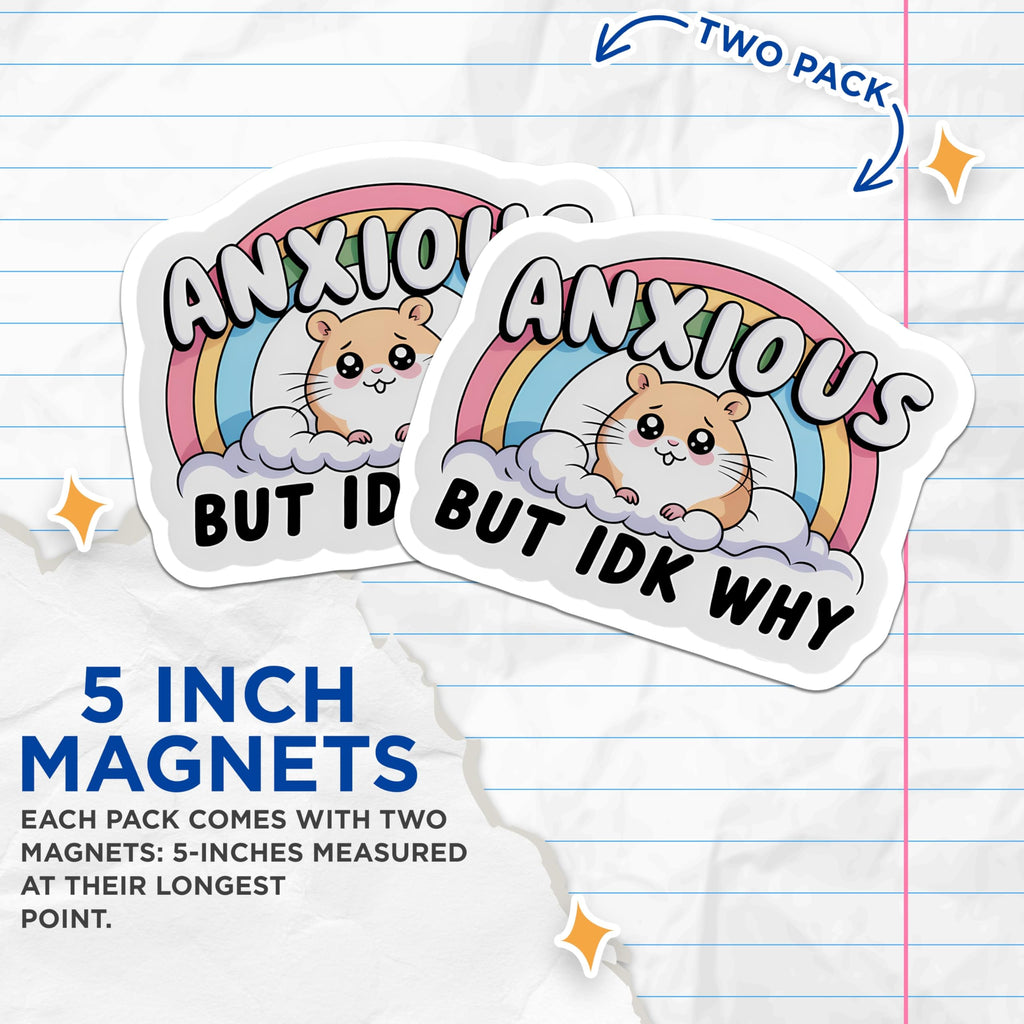 (2 Pack) Anxious Hamster Magnets - Funny Mental Health Decor - Cute Animal Lover Refrigerator Locker Accessory - Quirky Humor - 5 Inches On Longest Side - Thick Durable Magnet - Made in USA - MAG22670