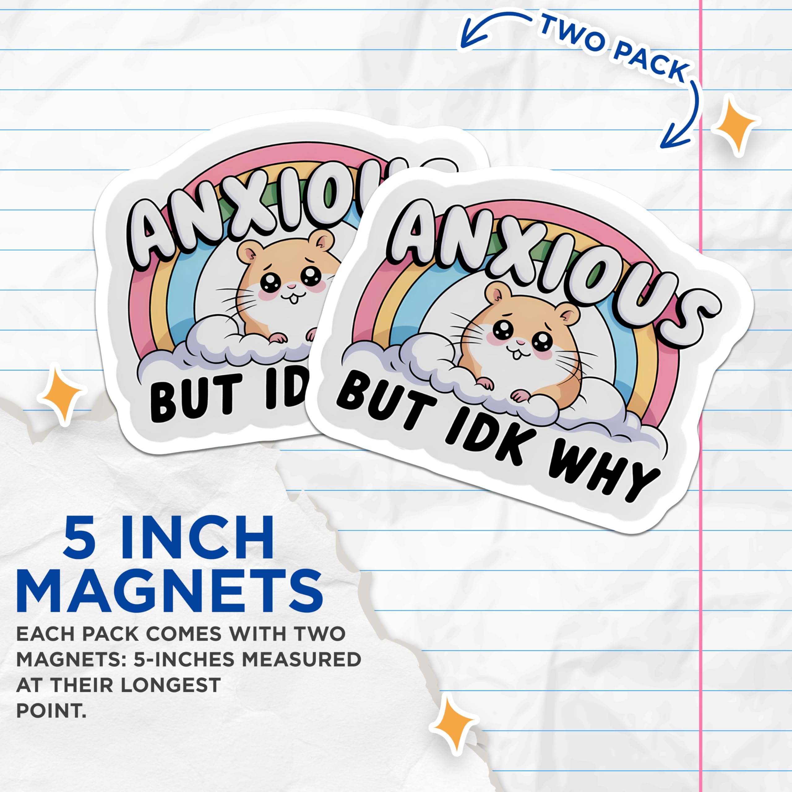 (2 Pack) Anxious Hamster Magnets - Funny Mental Health Decor - Cute Animal Lover Refrigerator Locker Accessory - Quirky Humor - 5 Inches On Longest Side - Thick Durable Magnet - Made in USA - MAG22670
