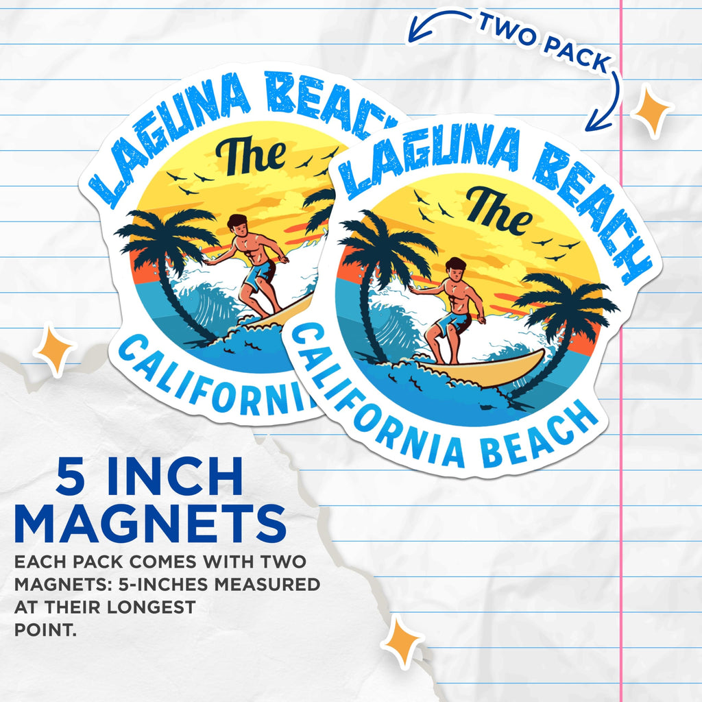(2 Pack) Laguna Beach Magnets - Surfing Art - California Beach Souvenir - 5" On Longest Side - Premium Magnet - for Cars, Refrigerators, Toolboxes, Lockers - Made in USA - MAG17298