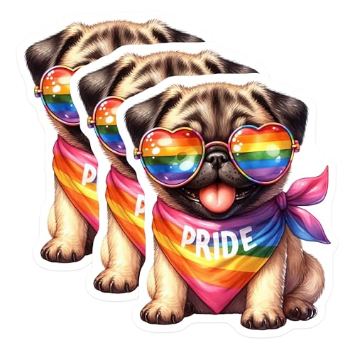 (3 Pack) Pug Pride Decals - Rainbow Heart Sunglasses - Laptop Decals - 3 Inches On Longest Side - Easy Peel & Apply - Made in USA - 3MCS6029
