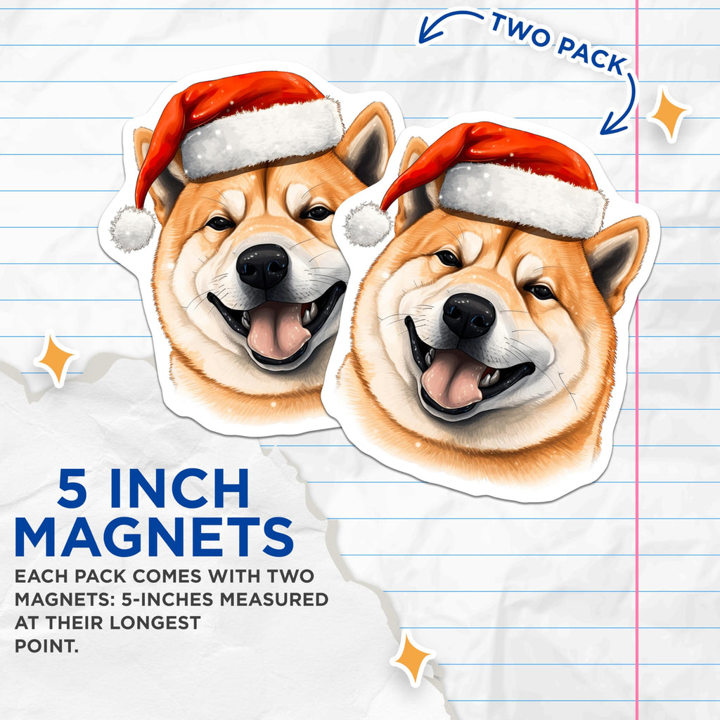 (2 Pack) Shiba Inu Christmas Magnets - Cute Dog Holiday Decor - Festive Refrigerator Accent - 5 Inches On Longest Side - Thick Durable Magnet - Made in USA - MAG26801