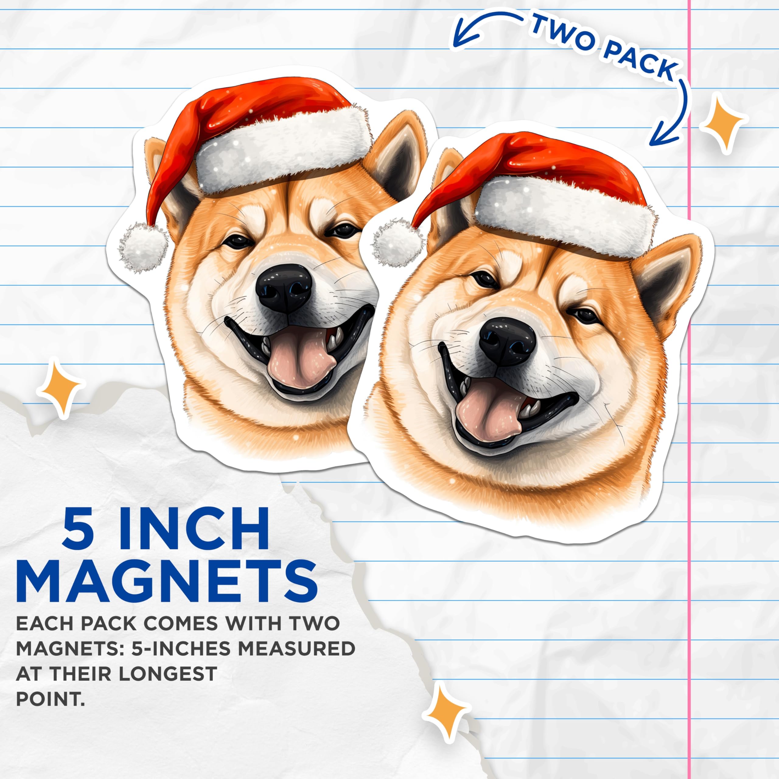 (2 Pack) Shiba Inu Christmas Magnets - Cute Dog Holiday Decor - Festive Refrigerator Accent - 5 Inches On Longest Side - Thick Durable Magnet - Made in USA - MAG26801