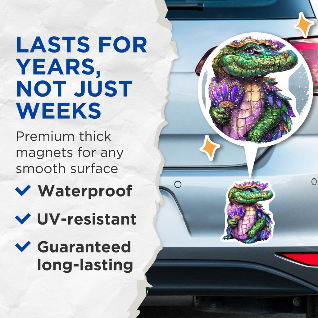 (2 Pack) Alligator Magnets - Mardi Gras Alligator - Crowned Reptile Magnets - 5" On Longest Side - Premium Magnet - for Cars, Refrigerators, Toolboxes, Lockers - Made in USA - MAG16455