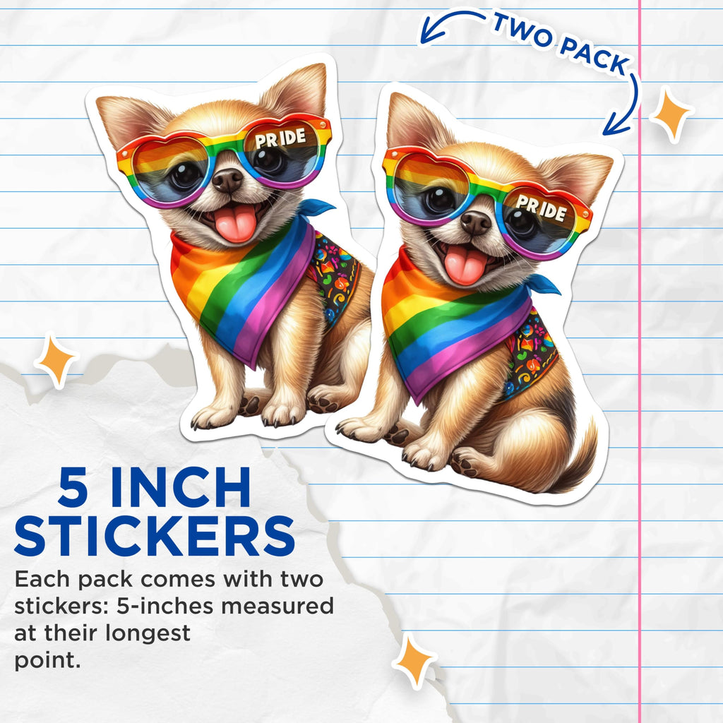 (2 Pack) Pride Dog Stickers - Cute Dog Wearing Rainbow Glasses - Chihuahua Stickers - 5" On Longest Side - Sticks to Smooth Flat Surfaces - Made in USA - BMCS6482