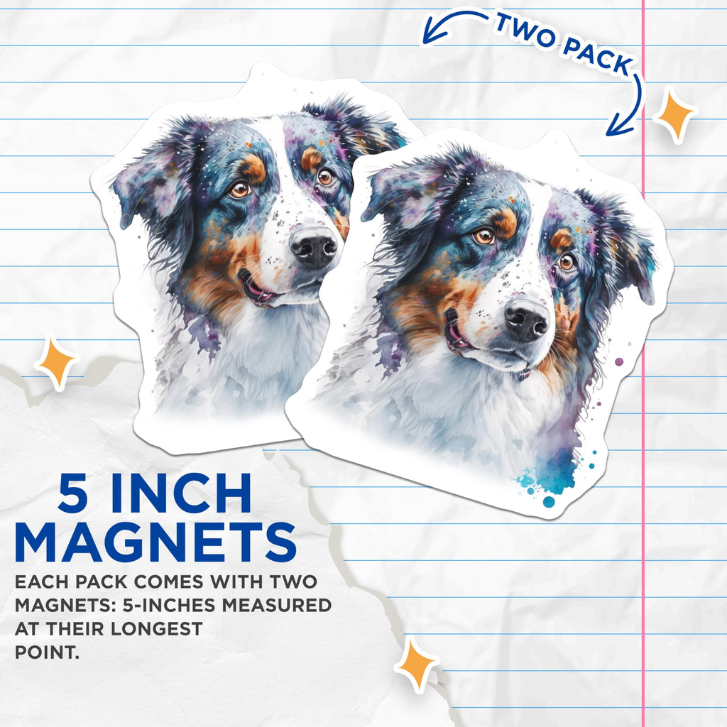 (2 Pack) Watercolor Australian Shepherd Magnets - Aussie Dog Art - Pet Lover Fridge Decor - 5 Inches On Longest Side - Thick Durable Magnet - Made in USA - MAG28443