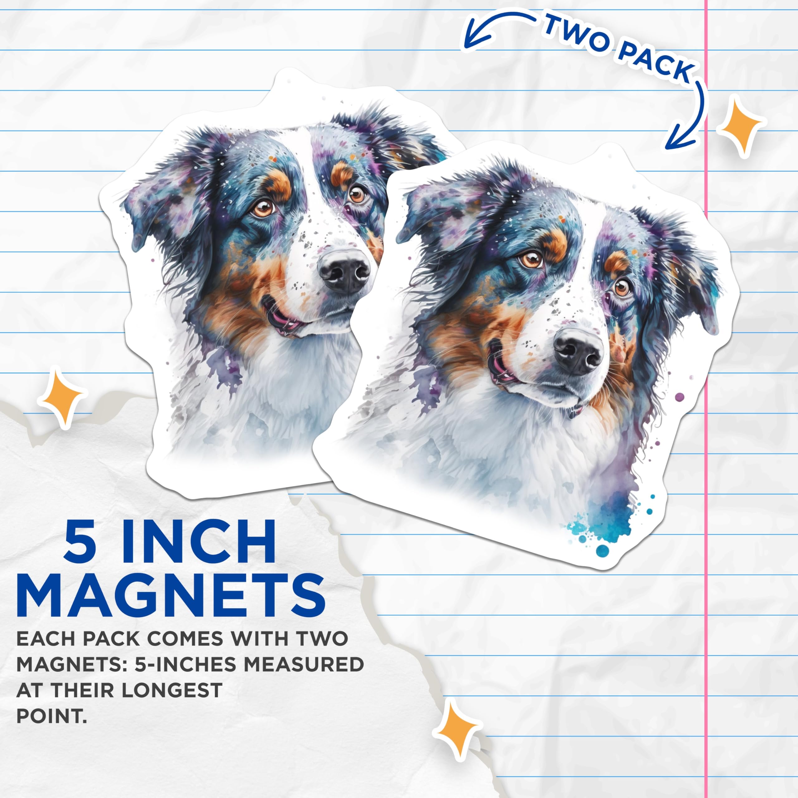(2 Pack) Watercolor Australian Shepherd Magnets - Aussie Dog Art - Pet Lover Fridge Decor - 5 Inches On Longest Side - Thick Durable Magnet - Made in USA - MAG28443