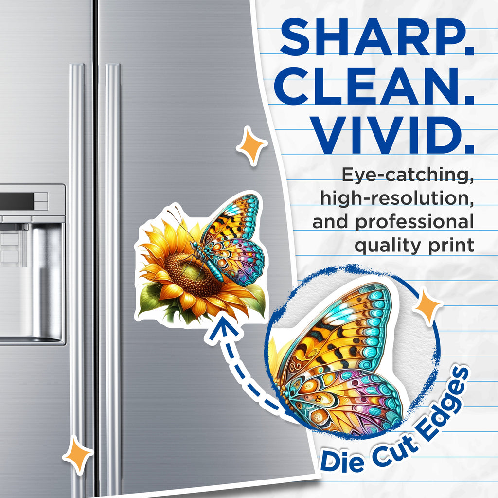 (2 Pack) Butterfly Sunflower Magnets - Vibrant Nature Fridge Decor - Boho Kitchen Locker Display - 5 Inches On Longest Side - Thick Durable Magnet - Made in USA - MAG39090