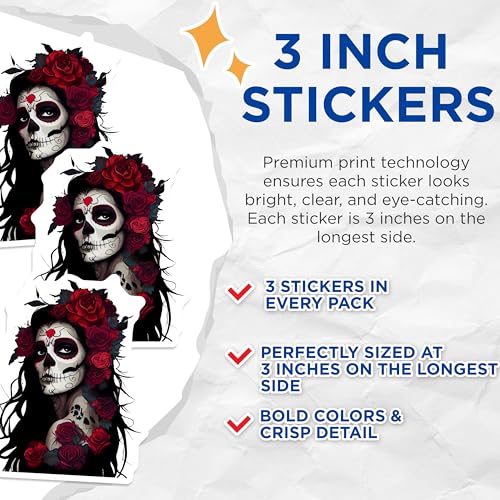 (3 Pack) Sugar Skull Decals - Day of Dead - Rose Floral Decals - 3 Inches On Longest Side - Easy Peel & Apply - Made in USA - 3MCS7967