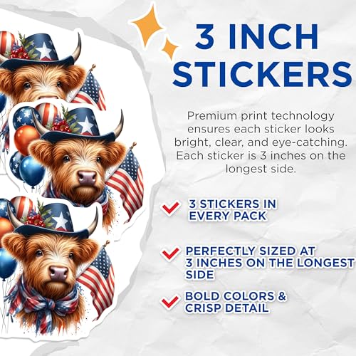 (3 Pack) Patriotic Cow Decals - Highland Cattle - Fourth of July Decoration- 3 Inches On Longest Side - Easy Peel & Apply - Made in USA - 3MCS5139