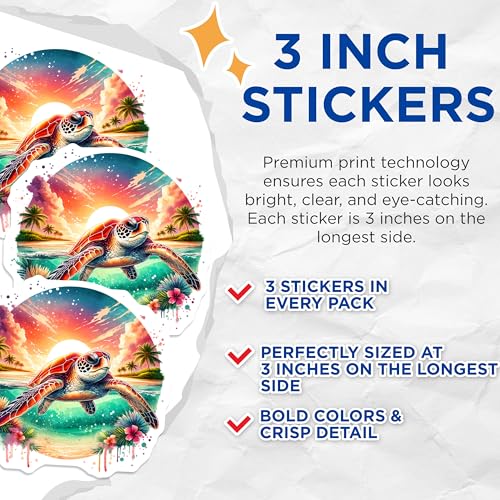 (3 Pack) Sea Turtle Decals - Tropical Beach Scene - Ocean Animal Stickers - 3 Inches On Longest Side - Easy Peel & Apply - Made in USA - 3MCS7972