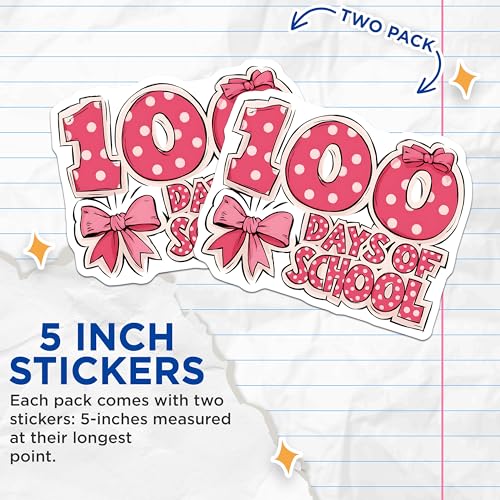 (2 Pack) 100 Days of School Stickers - Pink Polka Dot Bow Stickers - Milestone Celebration Decor - 5" On Longest Side - Sticks to Any Smooth Flat Surface - Made in USA - BMCS3065