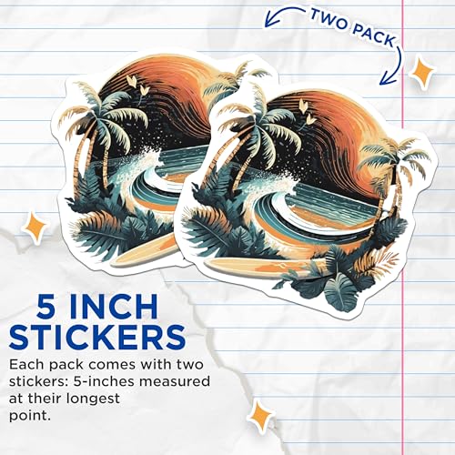 (2 Pack) Tropical Surf Stickers - Beach Wave - Palm Trees - 5" On Longest Side - Sticks to Smooth Flat Surfaces - Made in USA - BMCS9259