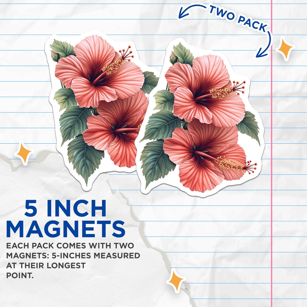 (2 Pack) Pink Hibiscus Magnets - Tropical Flower Fridge Decor - Botanical Art Home Accent - 5 Inches On Longest Side - Thick Durable Magnet - Made in USA - MAG25097