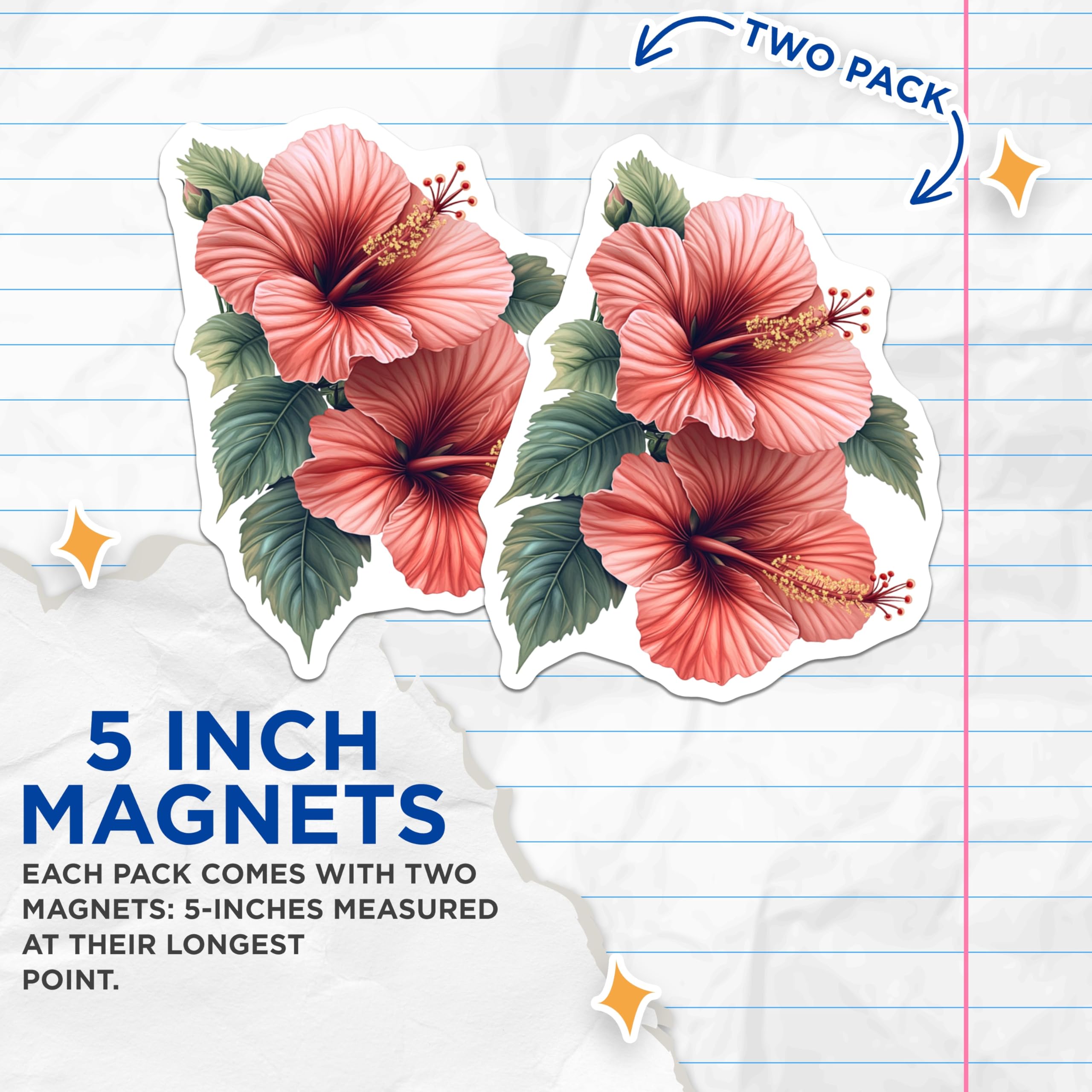 (2 Pack) Pink Hibiscus Magnets - Tropical Flower Fridge Decor - Botanical Art Home Accent - 5 Inches On Longest Side - Thick Durable Magnet - Made in USA - MAG25097