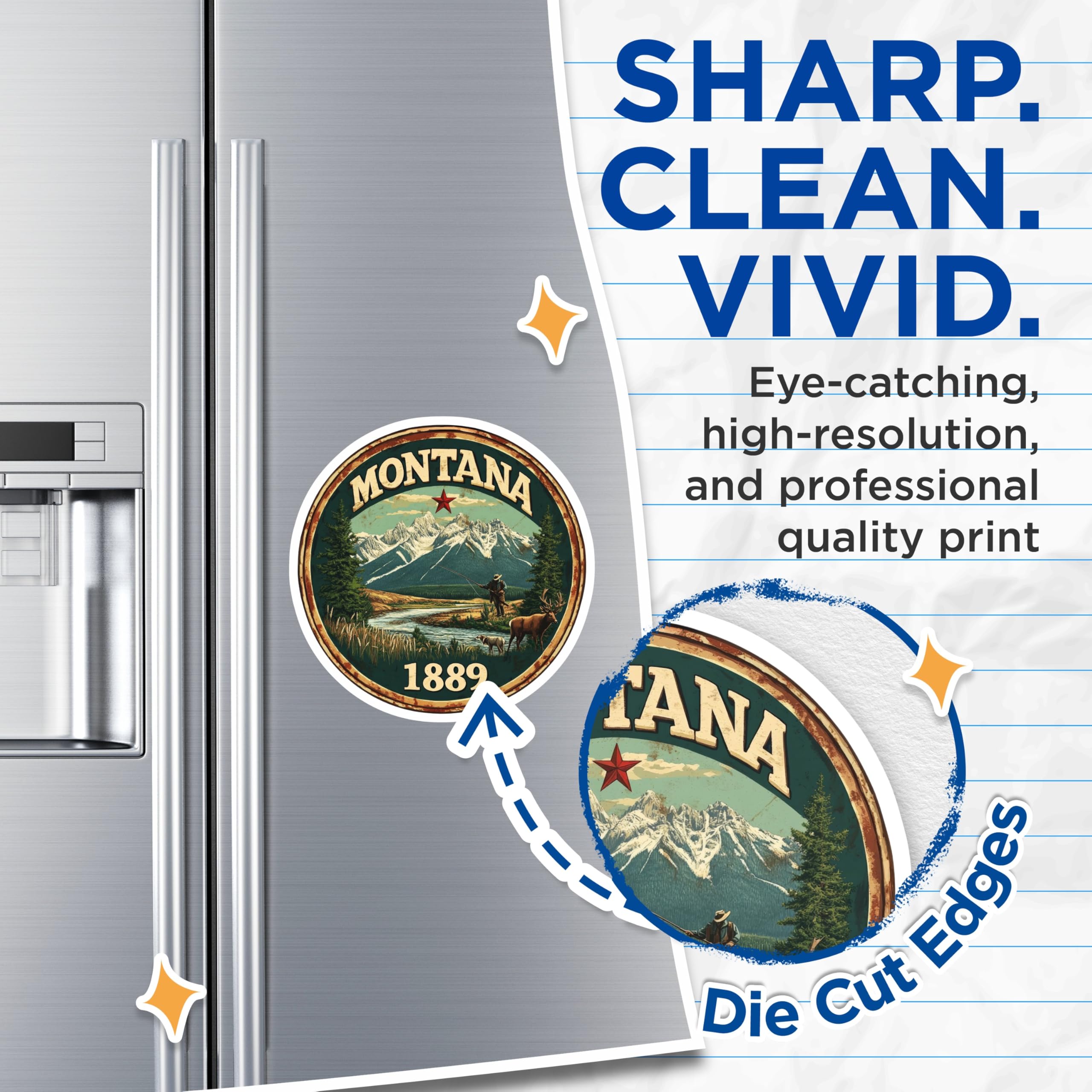 (2 Pack) Montana State Magnets - Fishing and Deer Scene - State Seal Fridge Magnets - 5" On Longest Side - Premium Magnet - for Cars, Refrigerators, Toolboxes, Lockers - Made in USA - MAG14605
