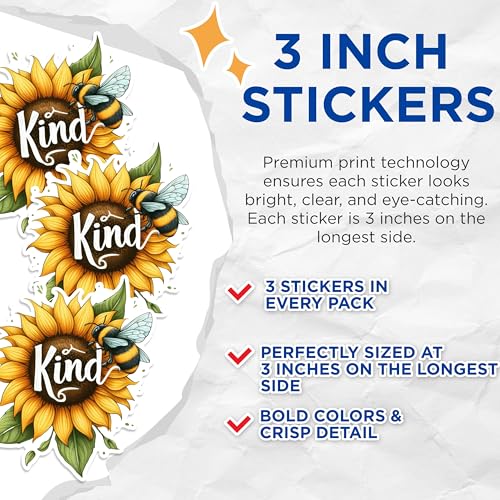 (3 Pack) Kind Sunflower Decals - Bumble Bee Decor - Laptop Decals - 3 Inches On Longest Side - Easy Peel & Apply - Made in USA - 3MCS1684