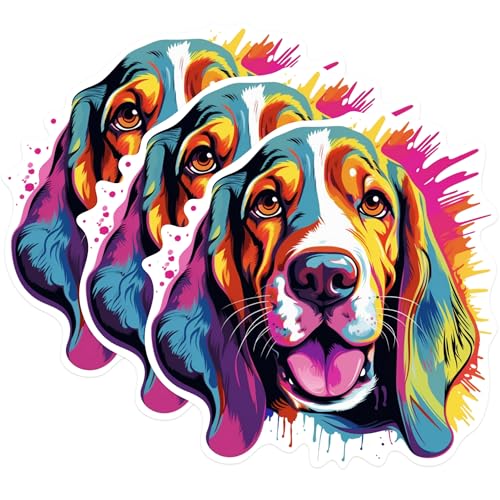 (3 Pack) Basset Hound Decals - Colorful Dog Decal - Laptop Decal - 3 Inches On Longest Side - Easy Peel & Apply - Made in USA - 3MCS0642