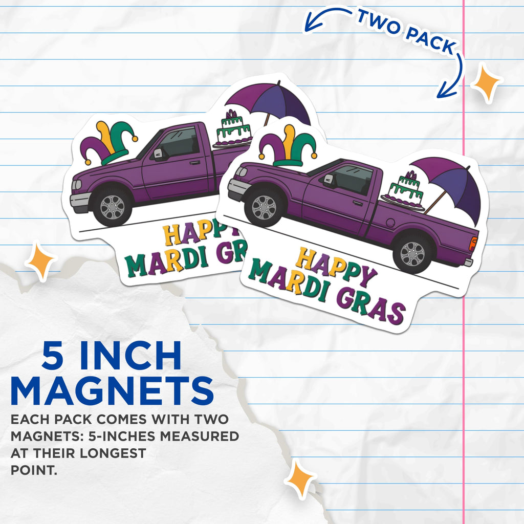 (2 Pack) Mardi Gras Truck Magnets - Carnival Celebration - Louisiana Decoration - 5" On Longest Side - Premium Magnet - for Cars, Refrigerators, Toolboxes, Lockers - Made in USA - MAG14573