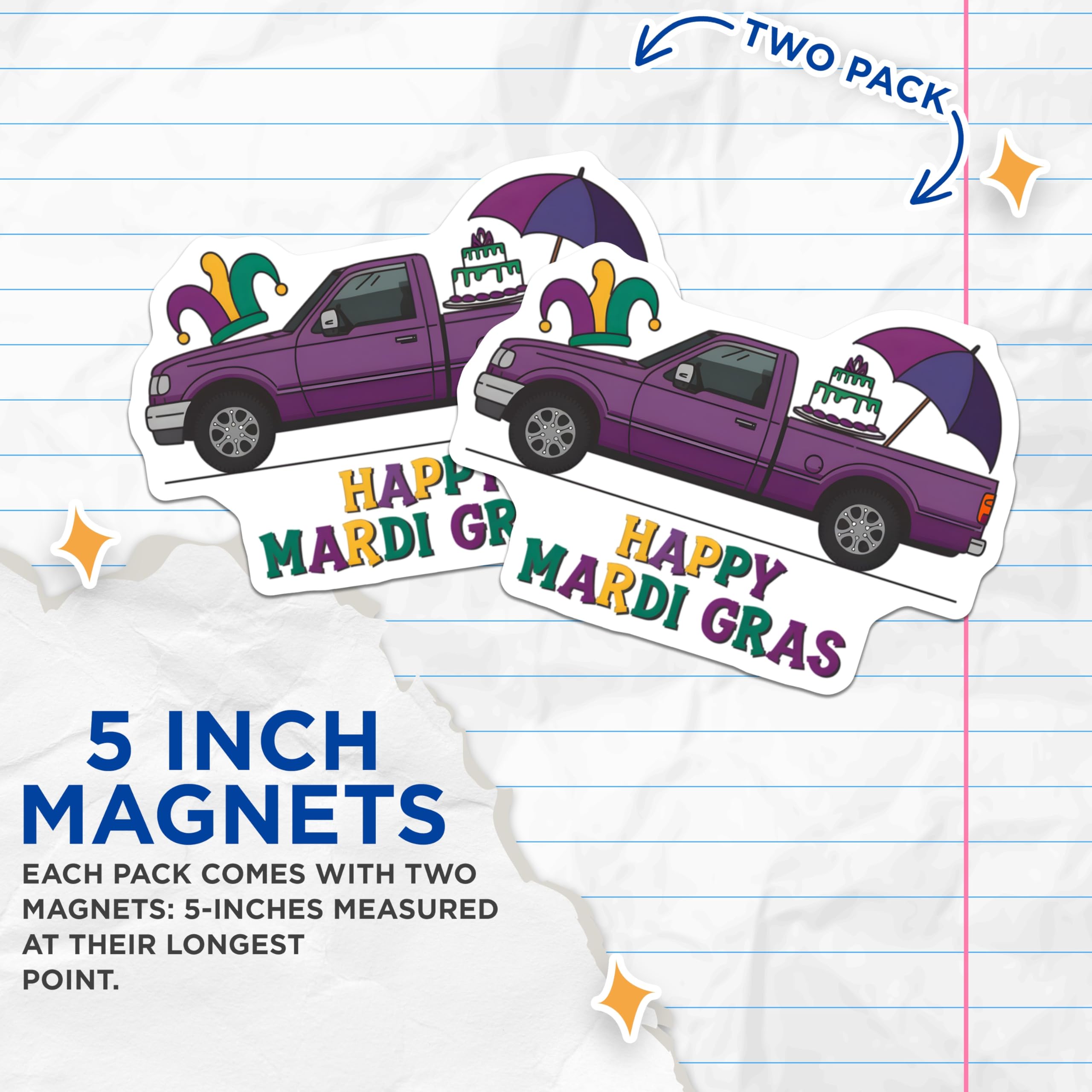 (2 Pack) Mardi Gras Truck Magnets - Carnival Celebration - Louisiana Decoration - 5" On Longest Side - Premium Magnet - for Cars, Refrigerators, Toolboxes, Lockers - Made in USA - MAG14573