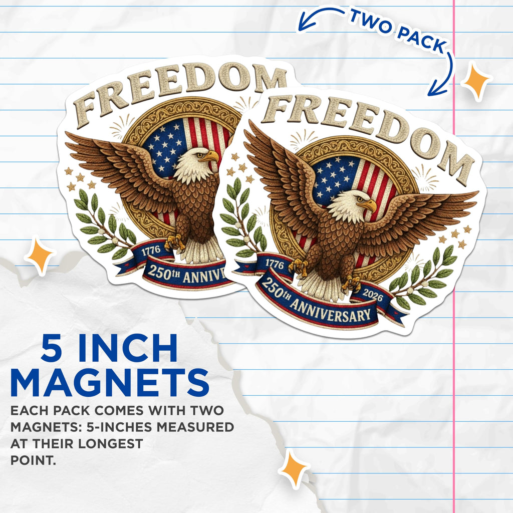 (2 Pack) Patriotic Eagle Magnets - American Freedom Decor - USA 250th Anniversary 1776-2026 Commemorative - 5 Inches On Longest Side - Thick Durable Magnet - Made in USA - MAG27376