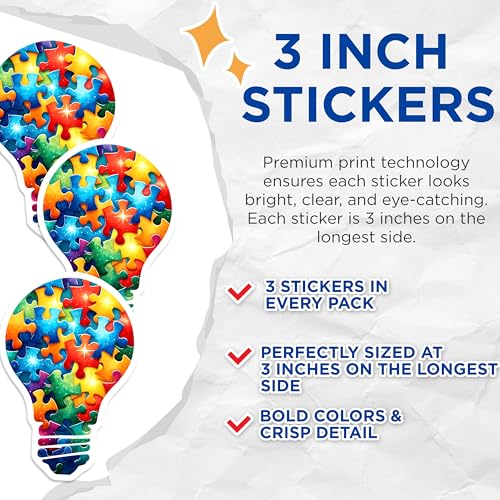 (3 Pack) Puzzle Piece Decals - Light Bulb Decal - Autism Awareness Decal - 3 Inches On Longest Side - Easy Peel & Apply - Made in USA - 3MCS6661