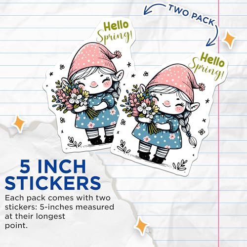 (2 Pack) Hello Spring Stickers - Cute Gnome Art - Floral Bouquet - 5" On Longest Side - Sticks to Smooth Flat Surfaces - Made in USA - BMCS8000