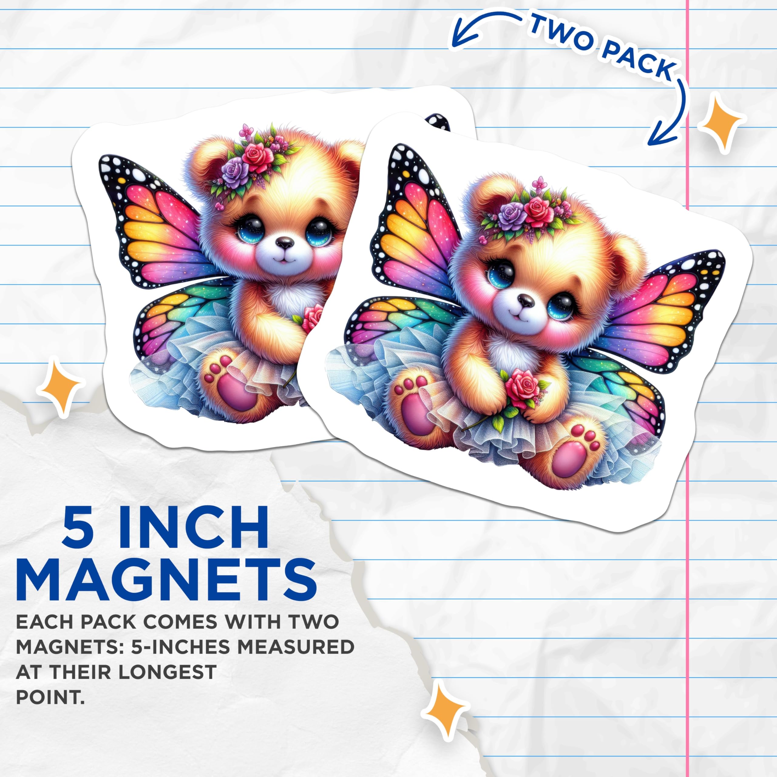 (2 Pack) Cute Butterfly Bear Magnets - Fairy Teddy Animal Decor - Kawaii Kids Room Fridge - 5 Inches On Longest Side - Thick Durable Magnet - Made in USA - MAG21298