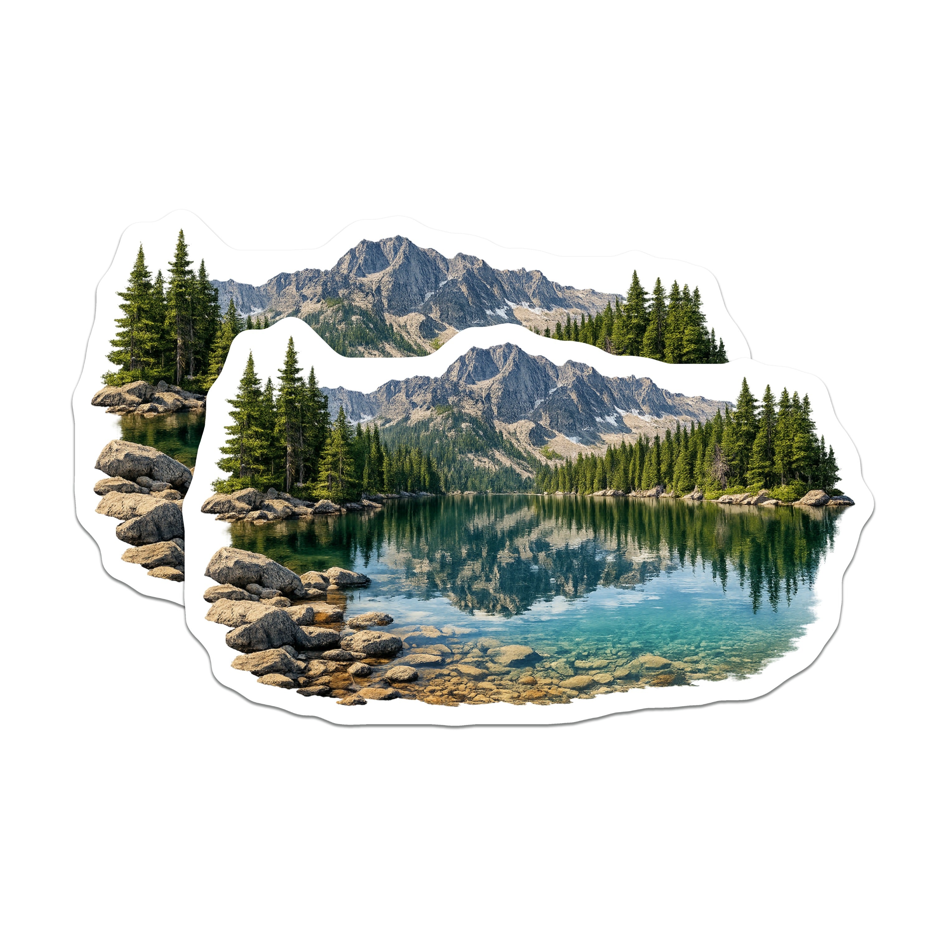 (2 Pack) Mountain Lake Magnets - Scenic Alpine Landscape Decor - Pine Forest Wilderness - Outdoorsy Refrigerator Accent - 5 Inches On Longest Side - Thick Durable Magnet - Made in USA - MAG37897