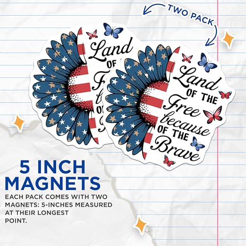 (2 Pack) Land of The Free Magnets Magnets - Independence Day Decor - 5" On Longest Side - Made in USA - Sticks to Refrigerators & Metal Surfaces - MAG8356