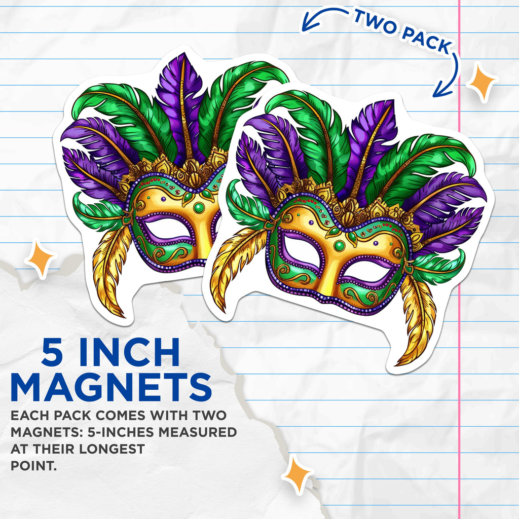 (2 Pack) Mardi Gras Mask Magnets - New Orleans Decor - Feathered Carnival Celebration - Festive Home Fridge Accessory - 5 Inches On Longest Side - Thick Durable Magnet - Made in USA - MAG36975