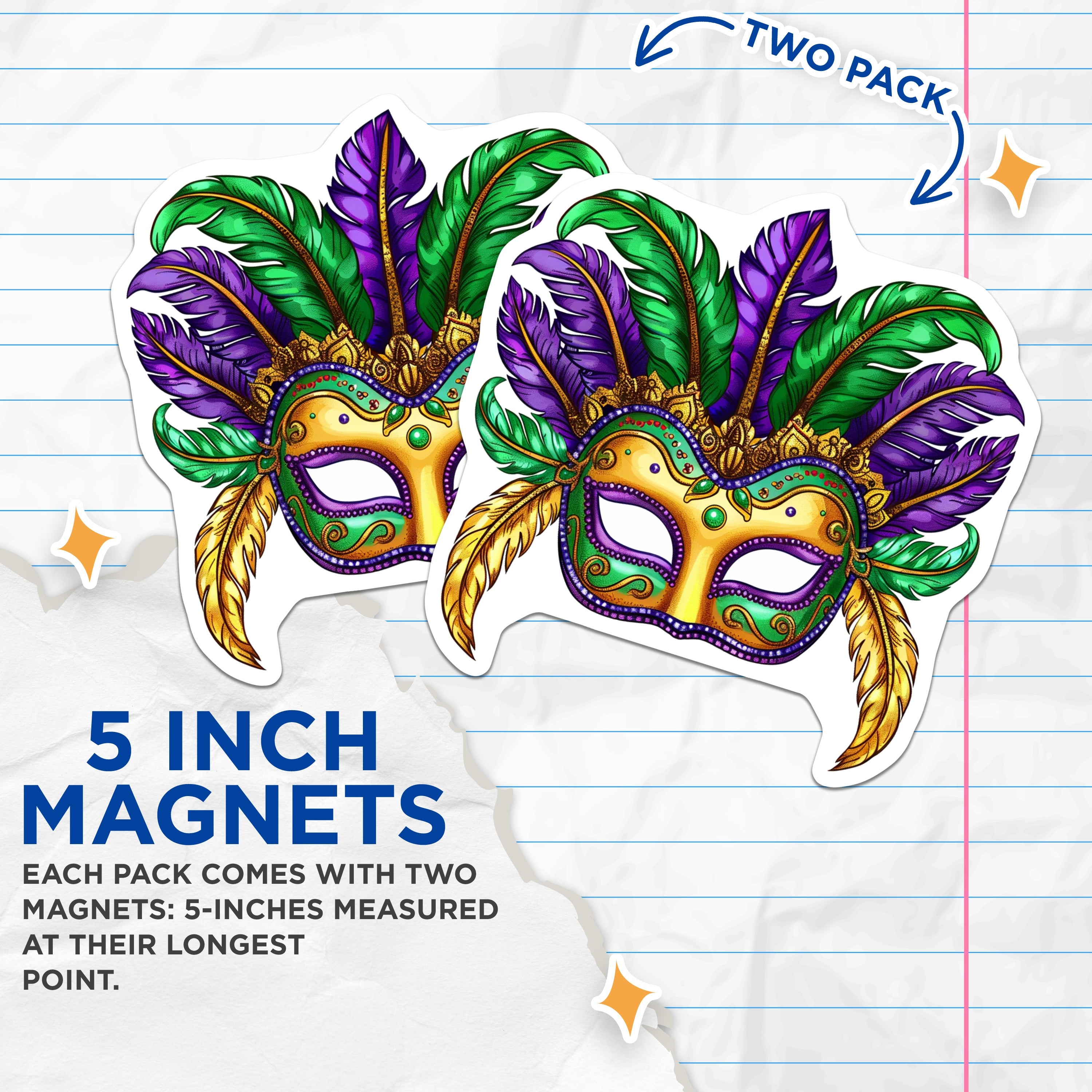 (2 Pack) Mardi Gras Mask Magnets - New Orleans Decor - Feathered Carnival Celebration - Festive Home Fridge Accessory - 5 Inches On Longest Side - Thick Durable Magnet - Made in USA - MAG36975