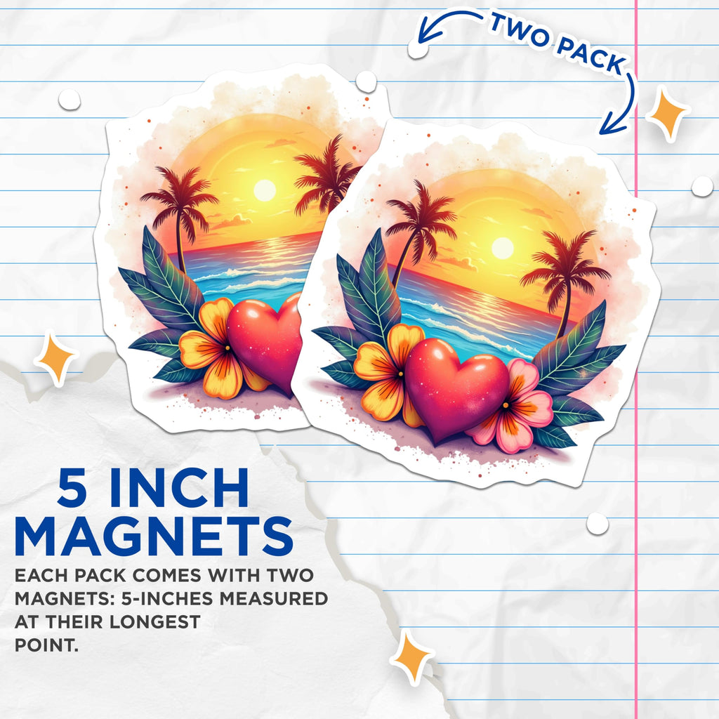 (2 Pack) Tropical Beach Sunset Heart Magnets - Romantic Island Paradise Decor - Vacation Love Symbol Refrigerator - 5 Inches On Longest Side - Thick Durable Magnet - Made in USA - MAG27734
