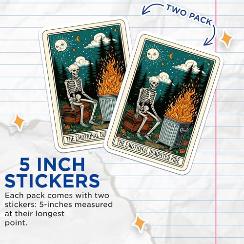 (2 Pack) Emotional Dumpster Fire Stickers - Skeleton Fire Stickers - Skeleton Sitting by Fire Stickers - 5" On Longest Side - Sticks to Smooth Flat Surfaces - Made in USA - BMCS5402