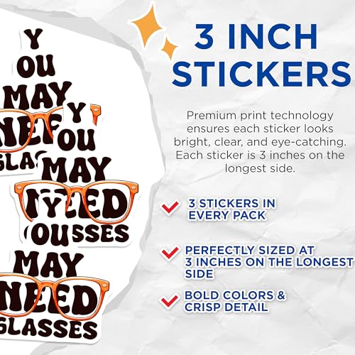 (3 Pack) You Need Glasses Decals - Retro Style - Eyeglasses Stickers - 3 Inches On Longest Side - Easy Peel & Apply - Made in USA - 3MCS6838