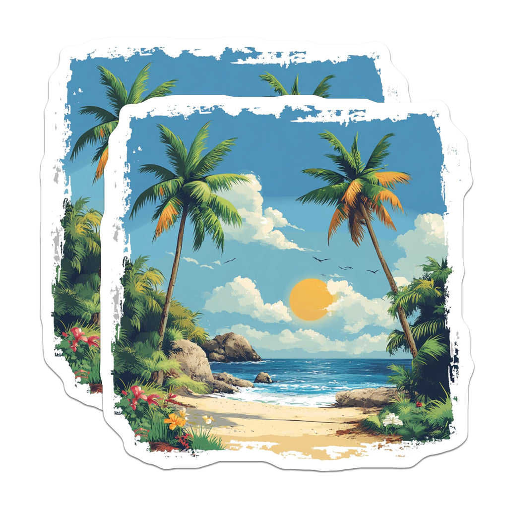 (2 Pack) Tropical Beach Paradise Magnets - Ocean Waves Palm Trees Sunset - Scenic Coastal Summer Aesthetic - 5 Inches On Longest Side - Thick Durable Magnet - Made in USA - MAG24559
