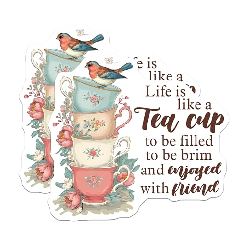 (2 Pack) Life is Like a Tea Cup Stickers - Inspirational Quote Stickers - Teacup Design Stickers for Laptops - 5" On Longest Side - Sticks to Smooth Flat Surfaces - Made in USA - BMCS3729