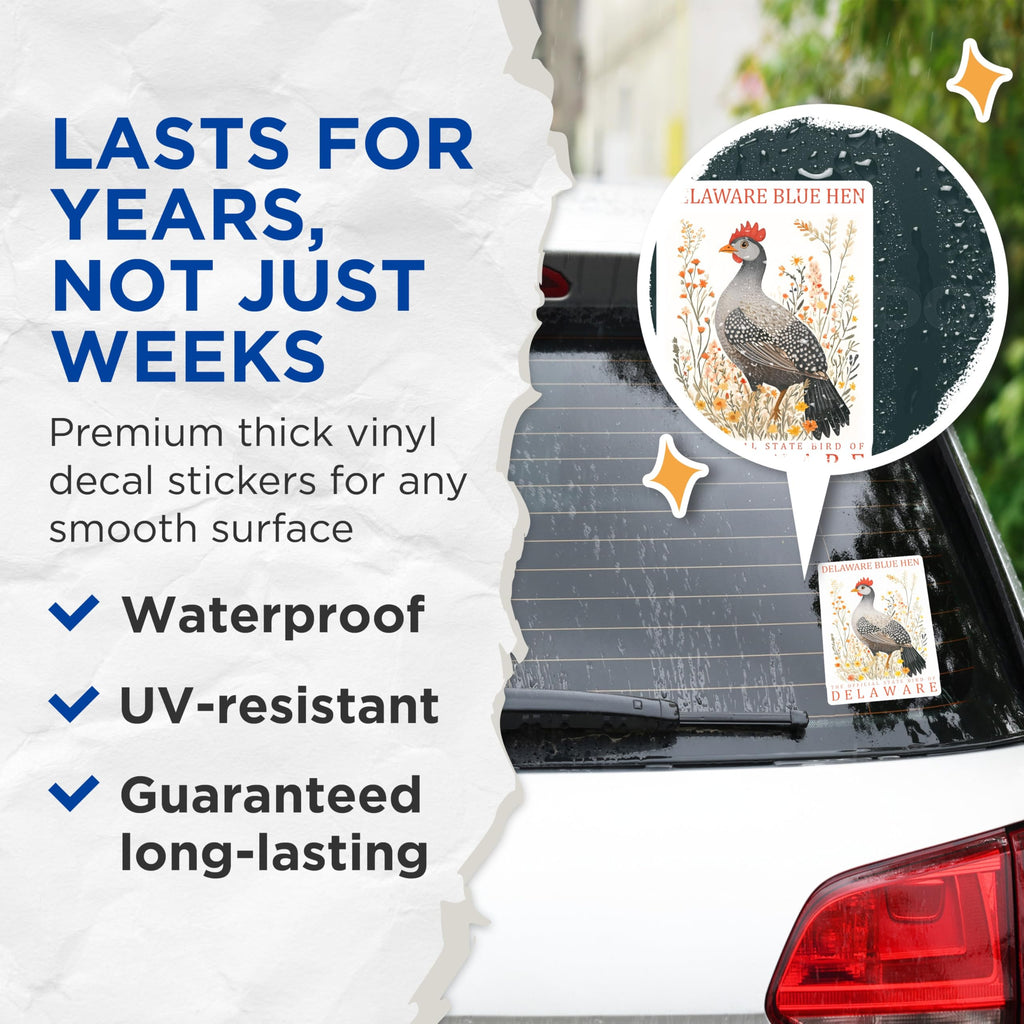 (2 Pack) Delaware Blue Hen Stickers - State Bird Art - Floral Hen Decal - 5" On Longest Side - Sticks to Smooth Flat Surfaces - Made in USA - BMCS17448