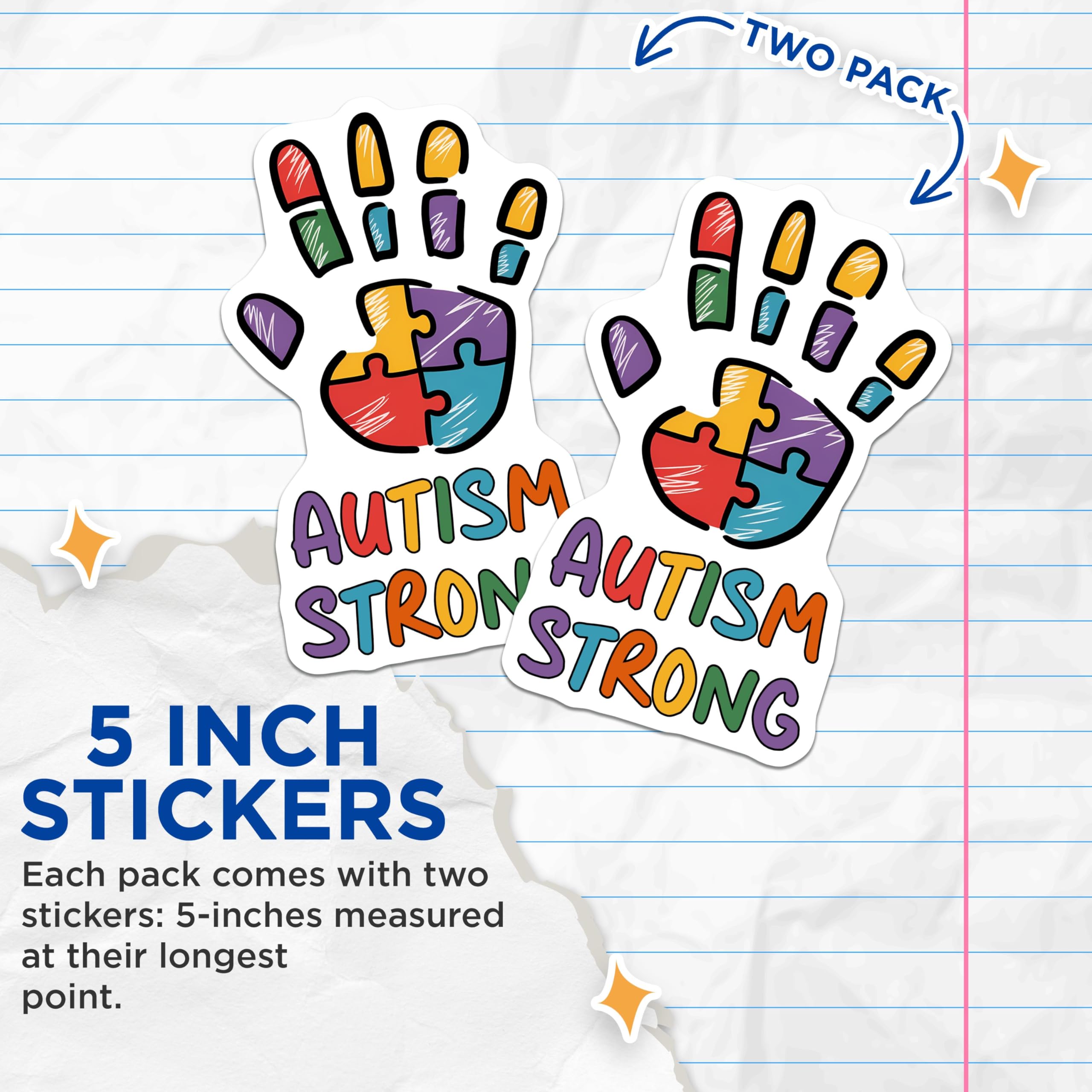 (2 Pack) Autism Awareness Stickers - Puzzle Pieces Hand - Strong Inspirational Decals - 5" On Longest Side - Sticks to Smooth Flat Surfaces - Made in USA - BMCS8430