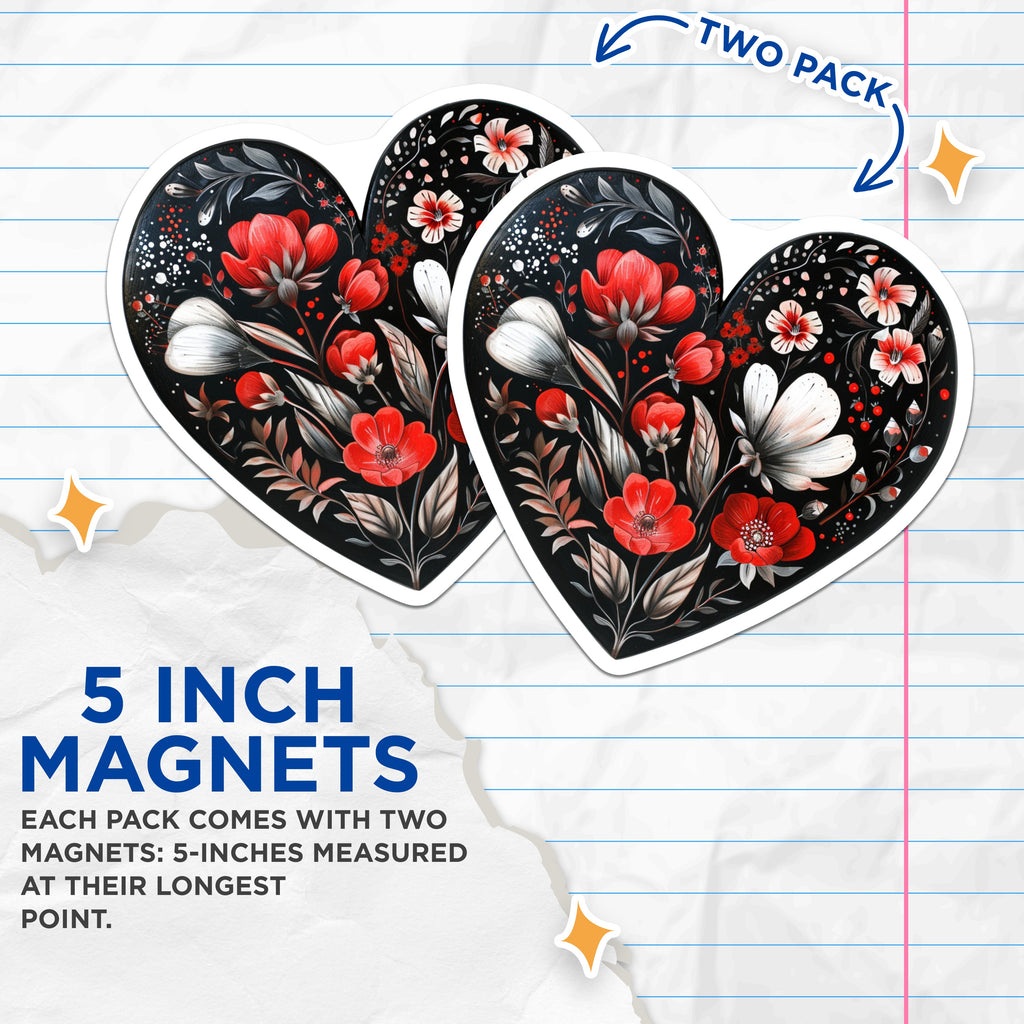(2 Pack) Dark Botanical Heart Magnets - Whimsical Flower Art - Romantic Home Accents - Aesthetic Love Symbols - 5 Inches On Longest Side - Thick Durable Magnet - Made in USA - MAG38568