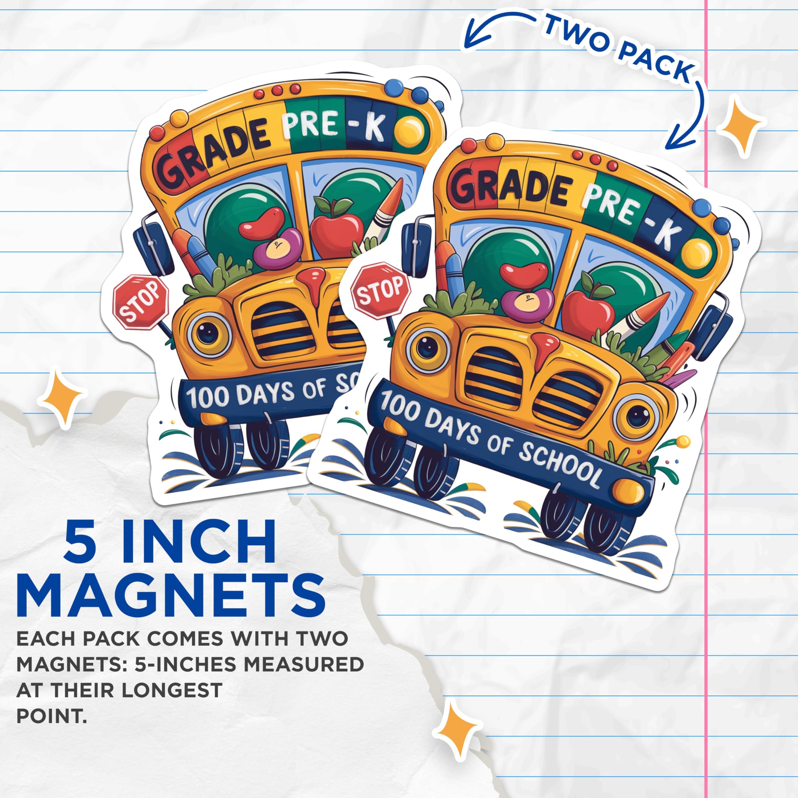 (2 Pack) 100 Days of School Magnets - Pre-K Grad Magnets - School Bus Magnets with Stop Sign Design - 5" On Longest Side - for Cars, Refrigerators, Toolboxes, Lockers - Made in USA BMCS3400